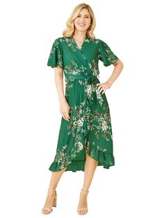Платье миди с запахом и цветочным принтом Mela London, зеленое Yumi