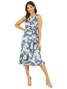 Mela London Атласное платье-миди без рукавов с цветочным принтом и запахом, Синий/Мульти Yumi