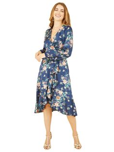 Атласное платье миди с запахом и цветочным принтом Mela London, темно-синий Yumi