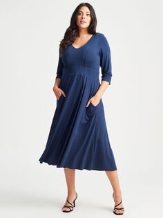 Платье средней длины Scarlett &amp; Jo с V-образным вырезом и расклешенным принтом, темно-синее