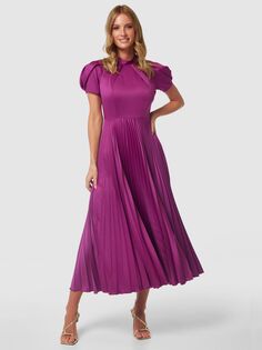 Плиссированное платье миди с пышными рукавами Closet London, Пурпурный
