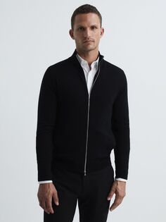 Куртка на молнии из шерсти мериноса с длинными рукавами Reiss Hampshire, черная