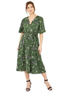 Платье миди из переработанного сырья Yumi Bird с принтом и запахом, зеленый/разноцветный