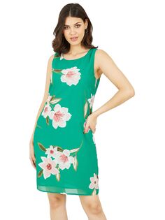 Платье прямого кроя без рукавов с цветочным принтом Yumi, зеленое