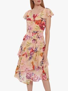 Gina Bacconi Joy Шифоновое платье с рюшами и цветочным принтом, Румяна/Мульти
