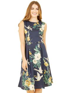 Платье миди с плиссированной юбкой Yumi с цветочным принтом, темно-синий