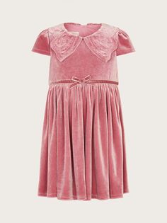 Бархатное платье Monsoon Baby с воротником-бабочкой, темно-розовый