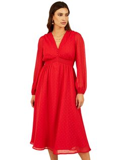 Платье миди с длинными рукавами и металлизированным эффектом Yumi, красное