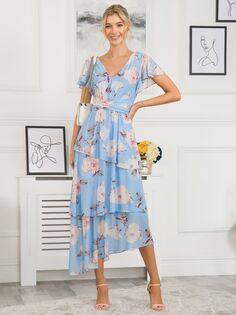 Многоярусное сетчатое платье макси с цветочным принтом Jolie Moi Elodie, синее