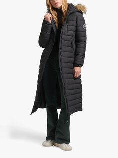 Удлиненная куртка-пуховик с капюшоном из искусственного меха Superdry, черный