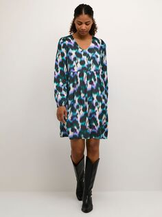Мини-платье KAFFE Amilia с длинным рукавом и V-образным вырезом, синий/мульти