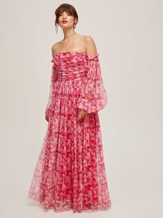 Платье макси с открытыми плечами из кружева и бусин Lana, красный Lace & Beads