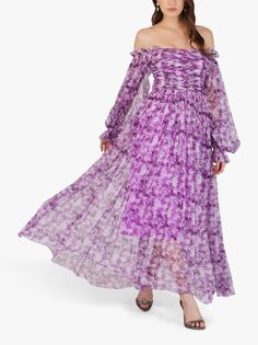 Платье макси с открытыми плечами из кружева и бисера Lana с цветочным принтом, лавандовый Lace & Beads