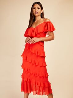 Многоярусное платье миди с открытыми плечами Little Mistress, томатно-красный