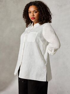 Льняная рубашка с V-образным вырезом и пуговицами Live Unlimited Curve, белая