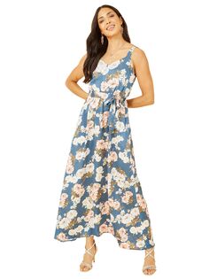 Платье макси из атласа с цветочным принтом Mela London, синее Yumi