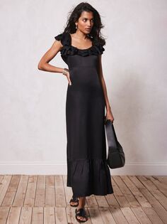 Платье макси из смесового льна с простой атласной оборкой Mint Velvet, черное