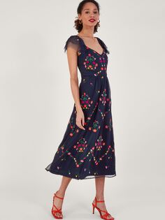 Чайное платье миди Monsoon Bonnie с цветочной вышивкой, Темно-синий/Мульти