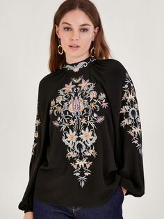 Блуза с цветочной вышивкой Monsoon Farah, черная