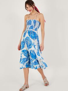 Платье миди-бандо с принтом Monsoon Shell, цвет слоновой кости/синий