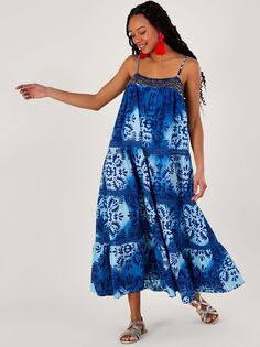 Многоярусное платье макси с мотивом батик Monsoon Tile, синий