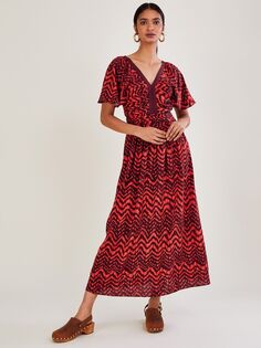 Платье макси Monsoon с V-образным вырезом и зигзагообразным принтом, красный