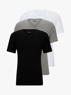 Хлопковая футболка с v-образным вырезом и вышитым логотипом HUGO BOSS, 3 шт., белый/серый/черный
