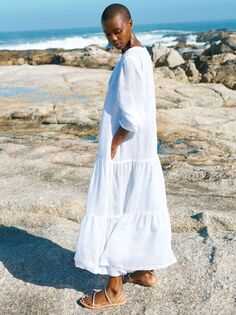 NRBY Brooke Многоярусное льняное платье макси из газа, белое