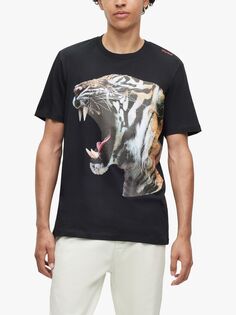 Хлопковая футболка HUGO Tiger с рисунком, черный/разноцветный