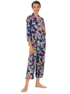 Lauren Ralph Lauren Пижама с цветочным принтом и рукавами 3/4, Темно-синий/Мульти