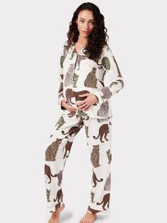 Длинный пижамный комплект Chelsea Peers для беременных из органической смеси хлопка с леопардовым принтом, кремовый/разноцветный