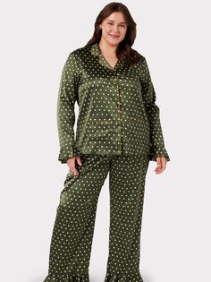 Длинный пижамный комплект Chelsea Peers Curve с принтом в горошек, хаки