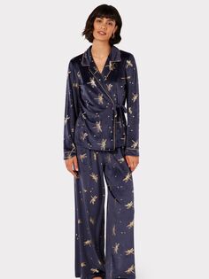 Бархатный пижамный комплект Chelsea Peers с принтом стрекозы, темно-синий/золотой