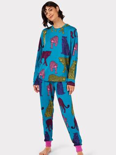 Длинный пижамный комплект Chelsea Peers с леопардовым принтом, темно-бирюзовый