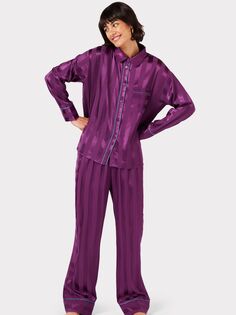 Длинный пижамный комплект Chelsea Peers с атласной жаккардовой полоской, фиолетовый