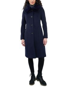 Женское однобортное пальто с воротником из искусственного меха Anne Klein, темно-синий
