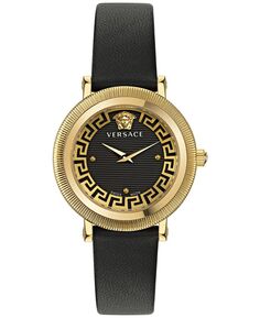 Женские швейцарские часы Greca Flourish с черным кожаным ремешком, 35 ​​мм Versace