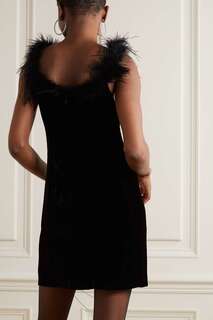 RIXO бархатное платье мини Lena с перьями, черный