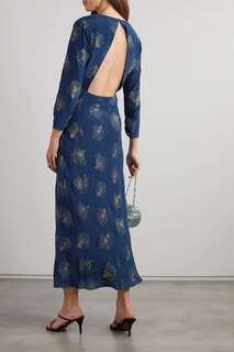 RIXO платье миди Rose с открытой спиной и оборками из блестящего шелка, синий