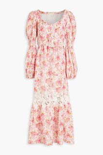 Платье миди из льна и хлопка с гипюровым кружевом и цветочным принтом BYTIMO, розовый