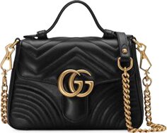 Кожаная мини-сумка Gucci с шевронной ручкой GG Marmont, черный
