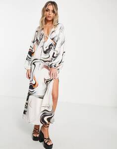 Атласное платье миди с вырезами и абстрактным мраморным принтом Topshop