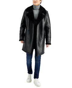 Мужское длинное двубортное пальто из кожи с манжетами и воротником из искусственной овчины GUESS, черный