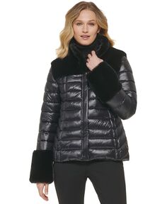Женская дутая куртка с молнией спереди и отделкой из искусственного меха DKNY, черный