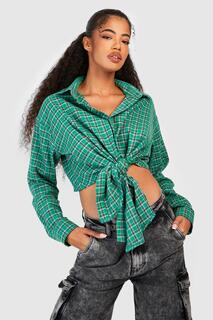 Укороченная рубашка в клетку с завязками по бокам Boohoo, зеленый