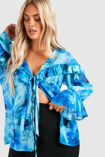Блузка с цветочными рюшами и завязкой передней передней блузкой Boohoo, синий