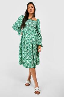 Платье миди с длинными рукавами для материалов Boohoo, зеленый