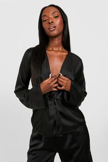 Атласная блузка с раскрешенными рукавами передней завязкой Boohoo, черный