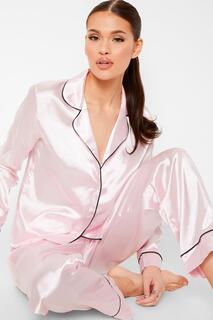 Атласный пижамный комплект на пуговицах с контрастной окантовкой Boohoo, розовый