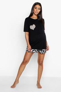 Короткий пижамный комплект с леопардовым сердцем для материалов Boohoo, черный